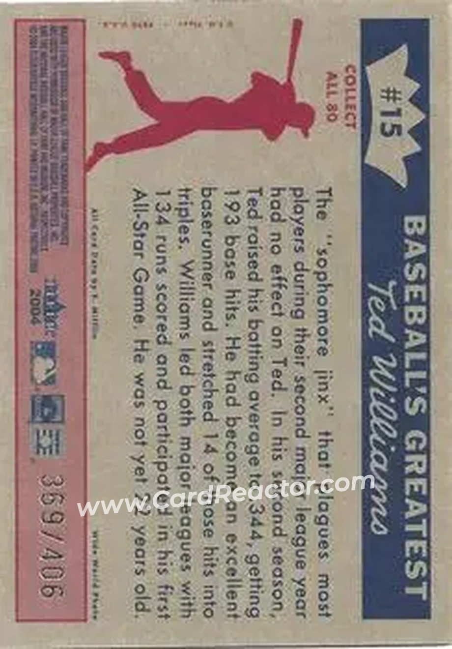 2004 Fleer National Pastime - 1959 Ted Williams Reprint #15 - Ted Williams - Boston Red Sox - Back