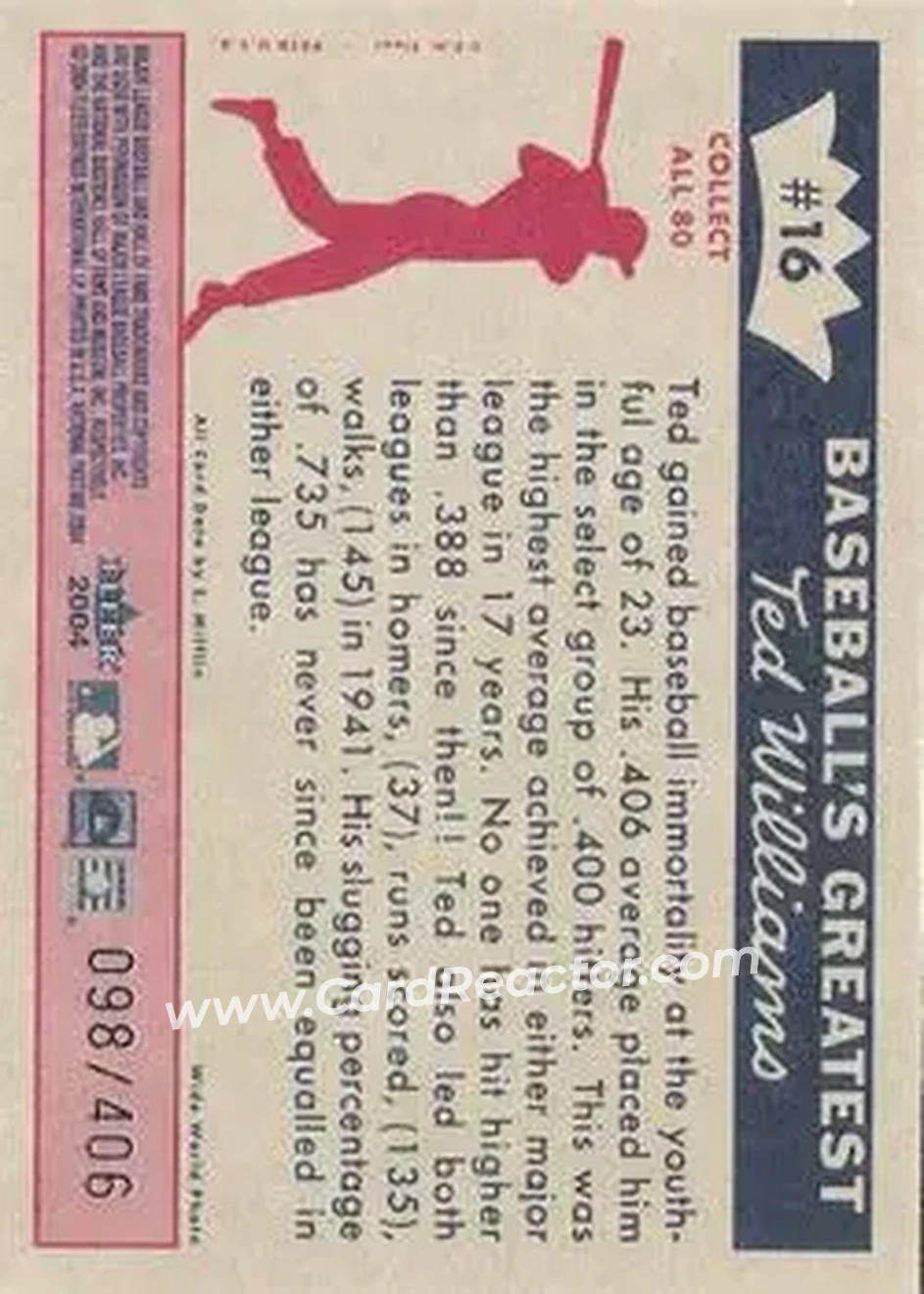2004 Fleer National Pastime - 1959 Ted Williams Reprint #16 - Ted Williams - Boston Red Sox - Back
