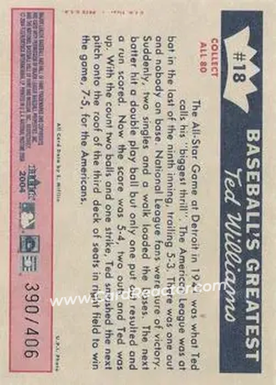 2004 Fleer National Pastime - 1959 Ted Williams Reprint #18 - Ted Williams - Boston Red Sox - Back