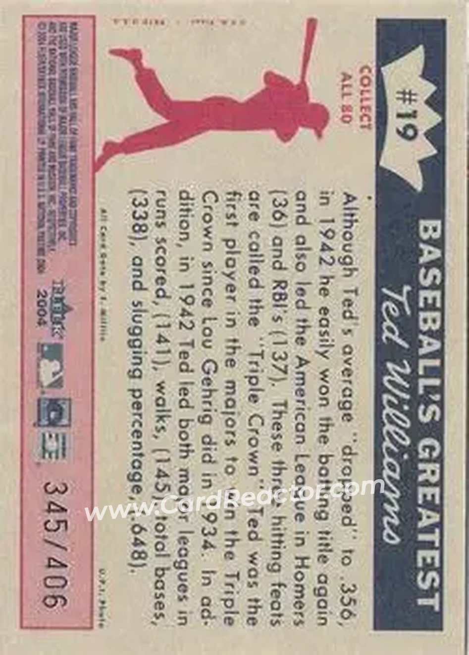 2004 Fleer National Pastime - 1959 Ted Williams Reprint #19 - Ted Williams - Boston Red Sox - Back