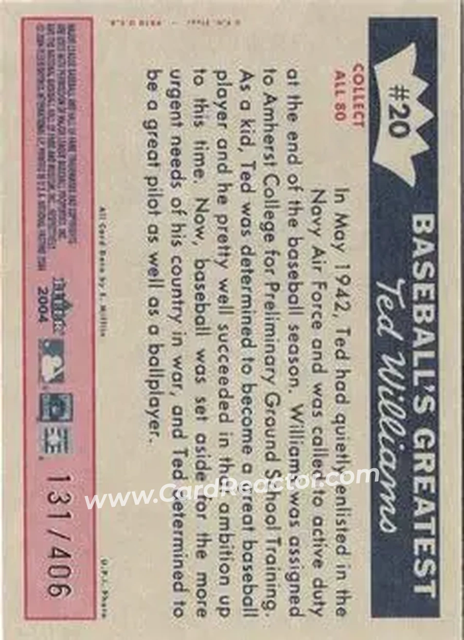 2004 Fleer National Pastime - 1959 Ted Williams Reprint #20 - Ted Williams - Boston Red Sox - Back 2004 Fleer National Pastime - 1959 Ted Williams Reprint #20 - Ted Williams - Boston Red Sox - Back