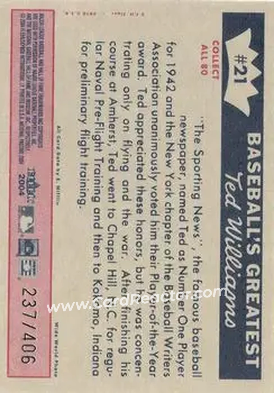 2004 Fleer National Pastime - 1959 Ted Williams Reprint #21 - Ted Williams - Boston Red Sox - Back