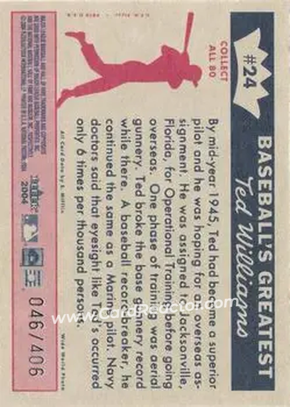2004 Fleer National Pastime - 1959 Ted Williams Reprint #24 - Ted Williams - Boston Red Sox - Back