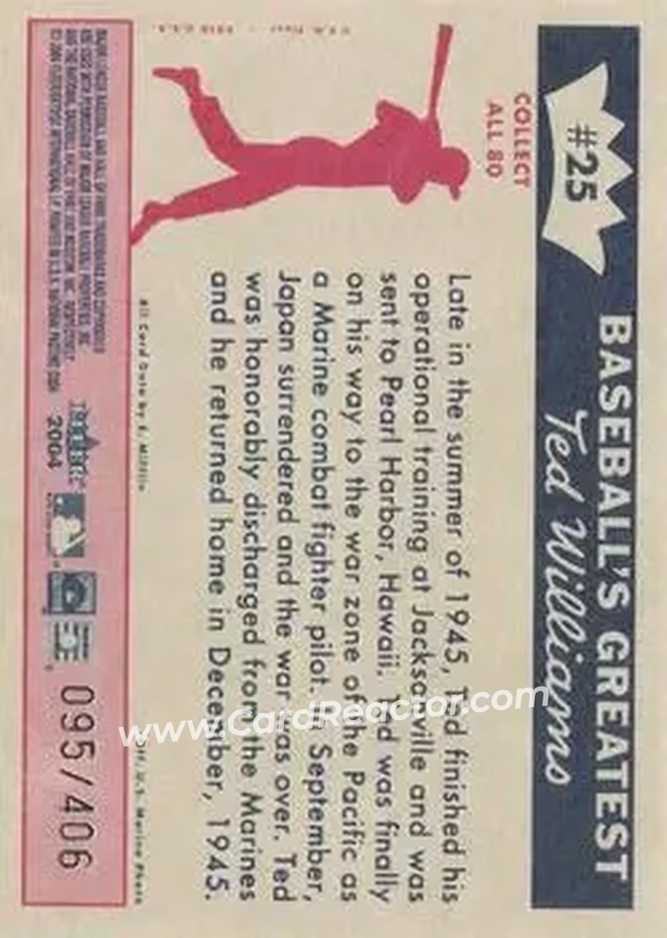 2004 Fleer National Pastime - 1959 Ted Williams Reprint #25 - Ted Williams - Boston Red Sox - Back