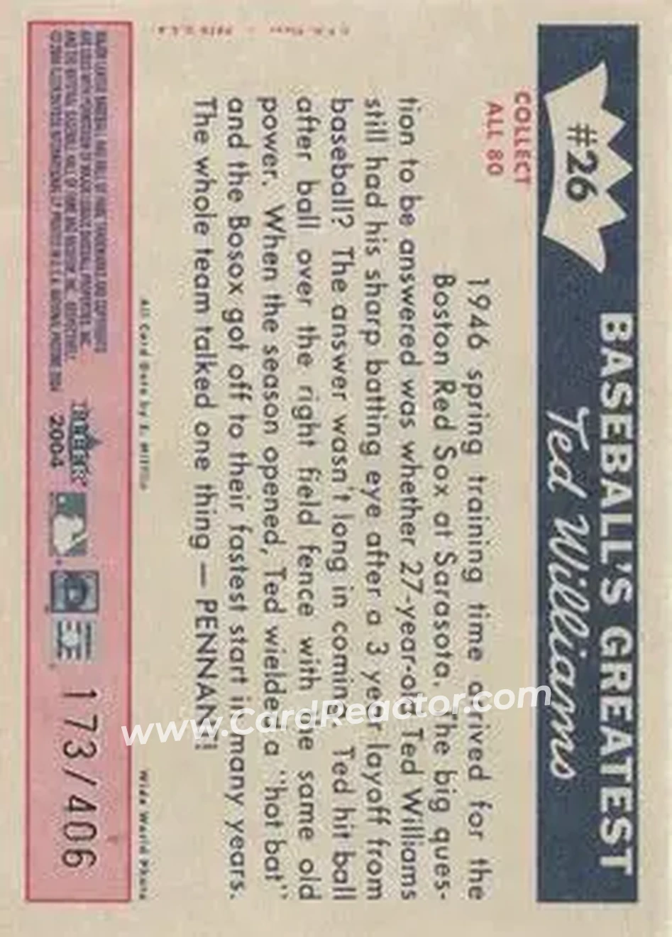 2004 Fleer National Pastime - 1959 Ted Williams Reprint #26 - Ted Williams - Boston Red Sox - Back