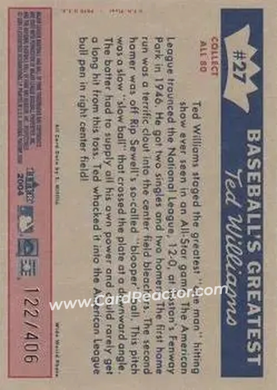 2004 Fleer National Pastime - 1959 Ted Williams Reprint #27 - Ted Williams - Boston Red Sox - Back