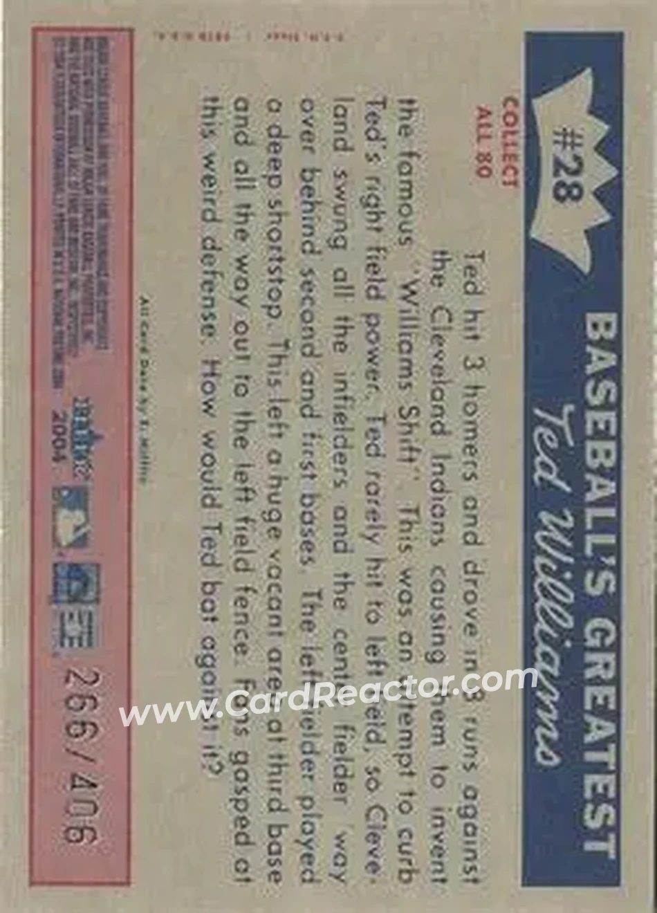 2004 Fleer National Pastime - 1959 Ted Williams Reprint #28 - Ted Williams - Boston Red Sox - Back 2004 Fleer National Pastime - 1959 Ted Williams Reprint #28 - Ted Williams - Boston Red Sox - Back