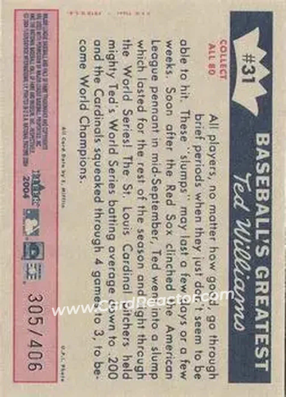 2004 Fleer National Pastime - 1959 Ted Williams Reprint #31 - Ted Williams - Boston Red Sox - Back 2004 Fleer National Pastime - 1959 Ted Williams Reprint #31 - Ted Williams - Boston Red Sox - Back