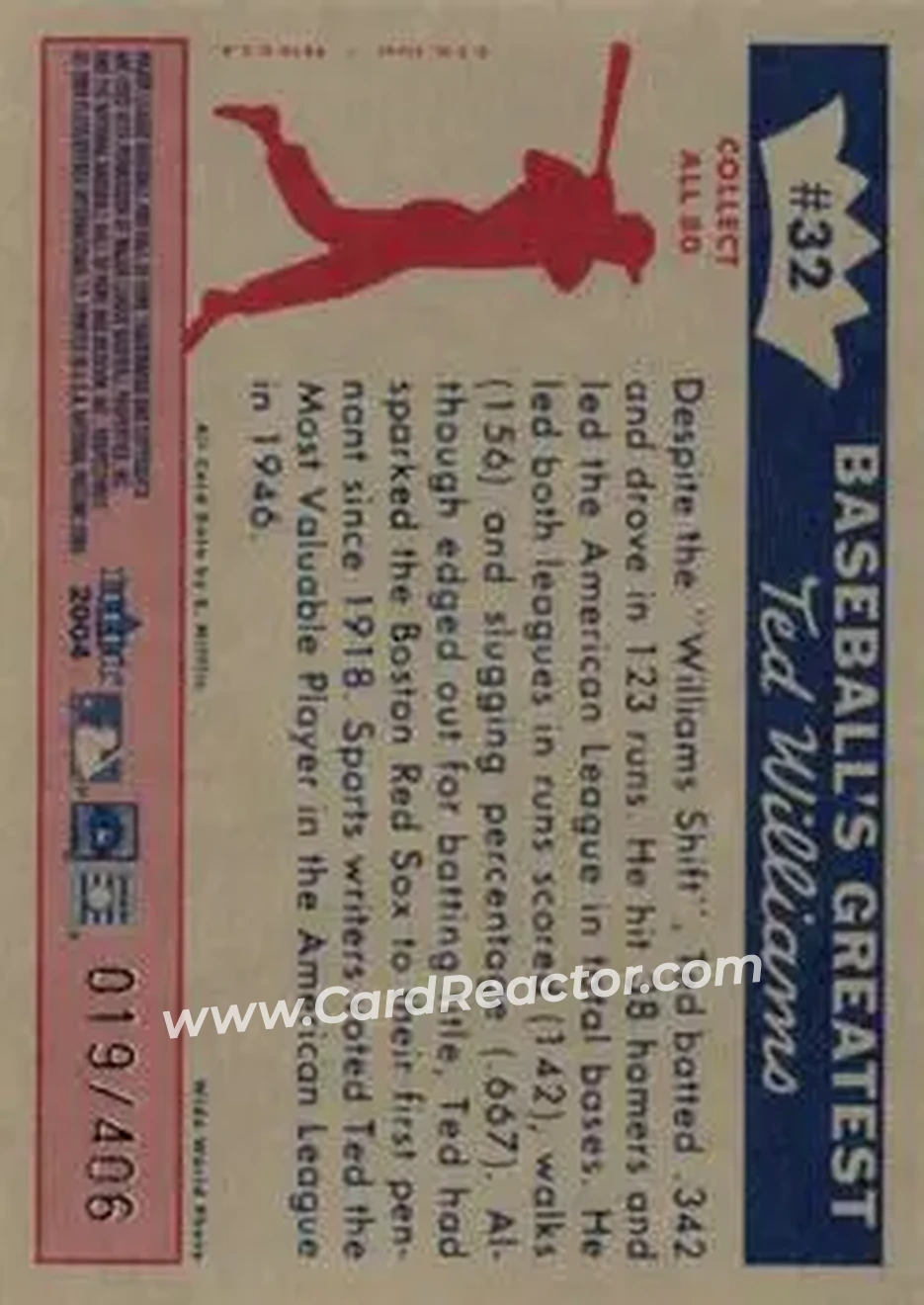 2004 Fleer National Pastime - 1959 Ted Williams Reprint #32 - Ted Williams - Boston Red Sox - Back 2004 Fleer National Pastime - 1959 Ted Williams Reprint #32 - Ted Williams - Boston Red Sox - Back