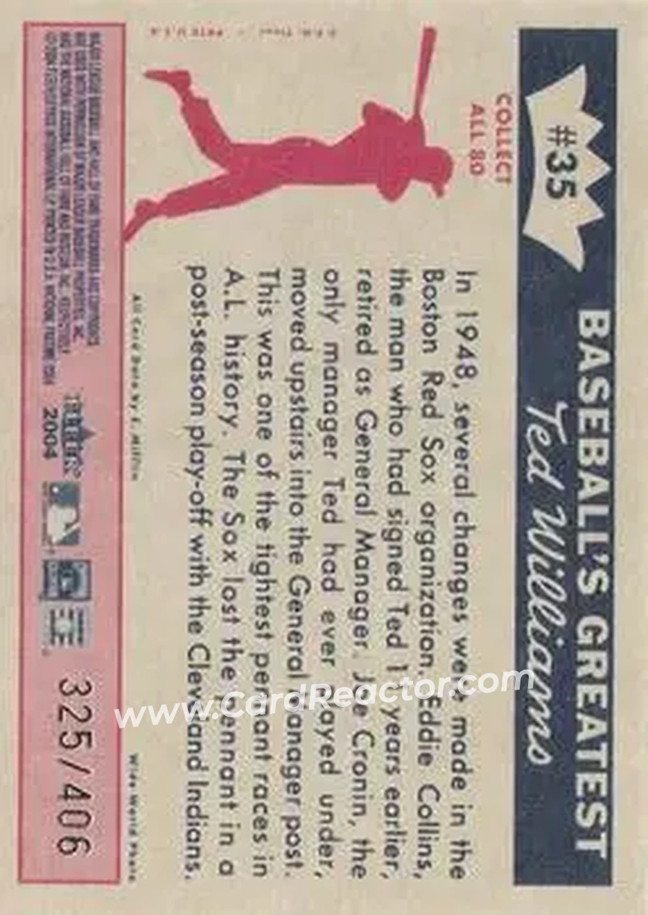 2004 Fleer National Pastime - 1959 Ted Williams Reprint #33 - Ted Williams - Boston Red Sox - Back 2004 Fleer National Pastime - 1959 Ted Williams Reprint #33 - Ted Williams - Boston Red Sox - Back