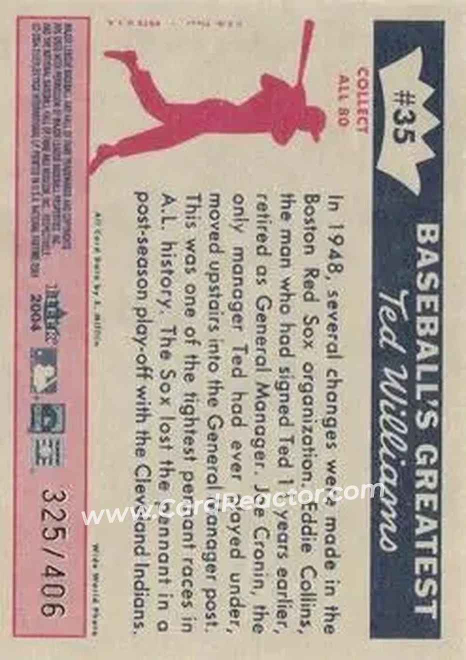 2004 Fleer National Pastime - 1959 Ted Williams Reprint #35 - Ted Williams - Boston Red Sox - Back 2004 Fleer National Pastime - 1959 Ted Williams Reprint #35 - Ted Williams - Boston Red Sox - Back