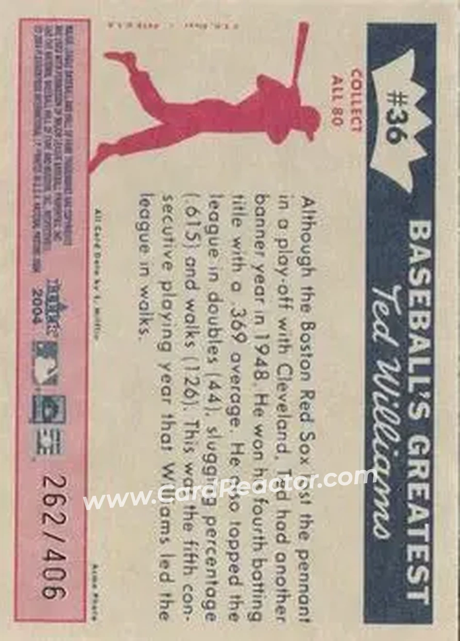 2004 Fleer National Pastime - 1959 Ted Williams Reprint #36 - Ted Williams - Boston Red Sox - Back 2004 Fleer National Pastime - 1959 Ted Williams Reprint #36 - Ted Williams - Boston Red Sox - Back