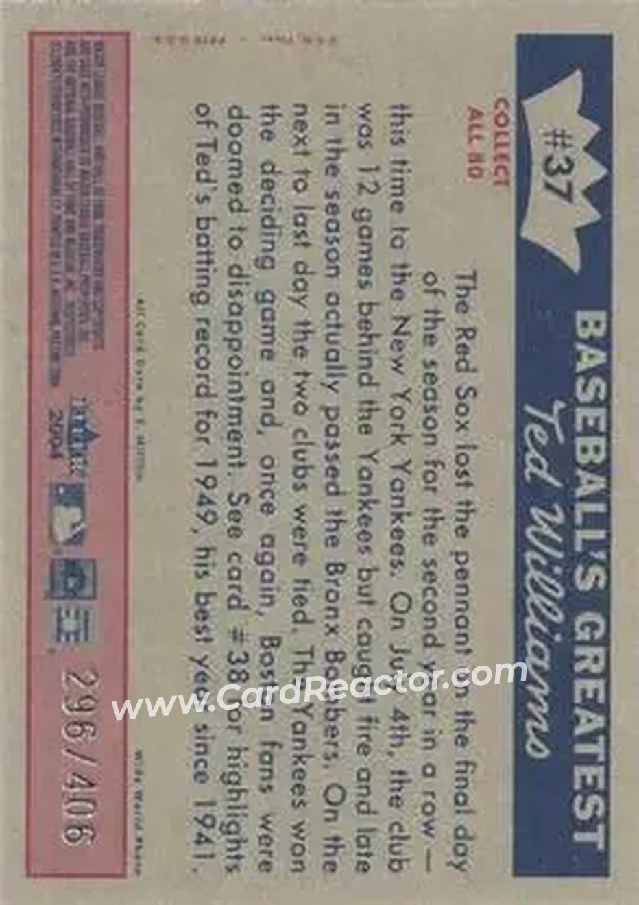 2004 Fleer National Pastime - 1959 Ted Williams Reprint #37 - Ted Williams - Boston Red Sox - Back