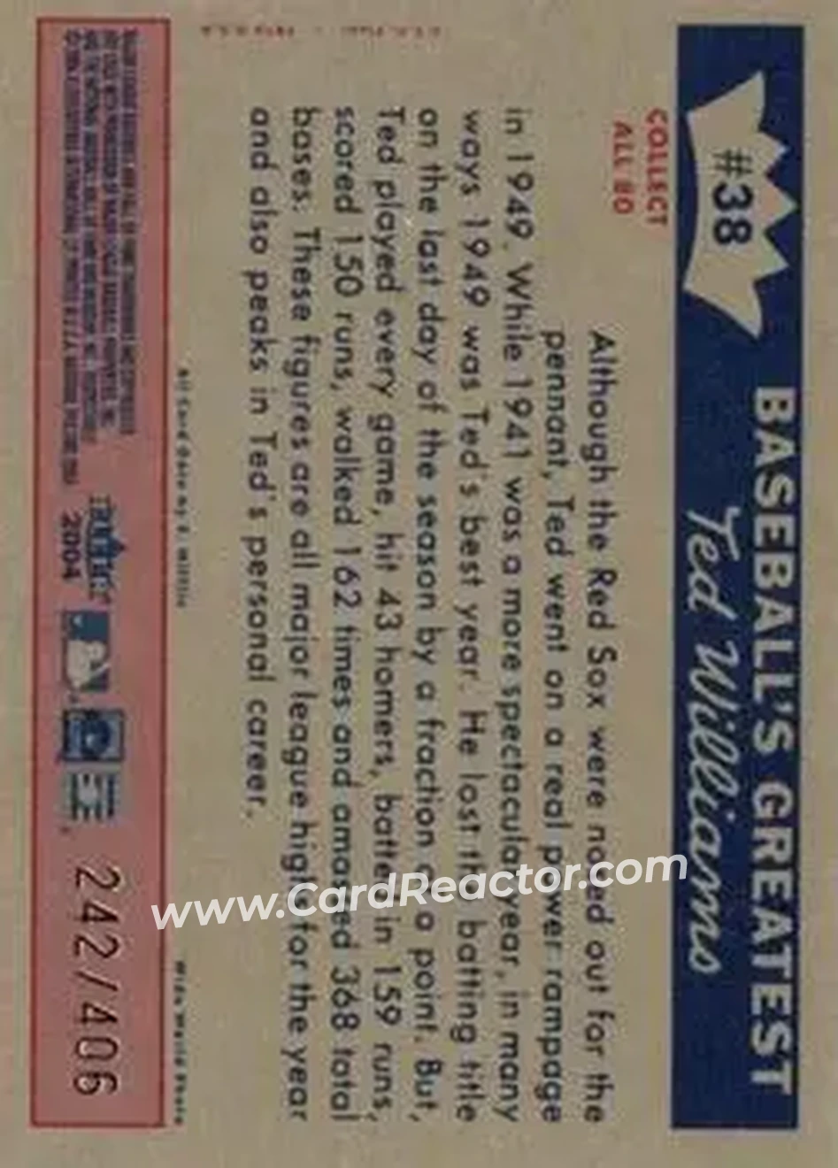 2004 Fleer National Pastime - 1959 Ted Williams Reprint #38 - Ted Williams - Boston Red Sox - Back