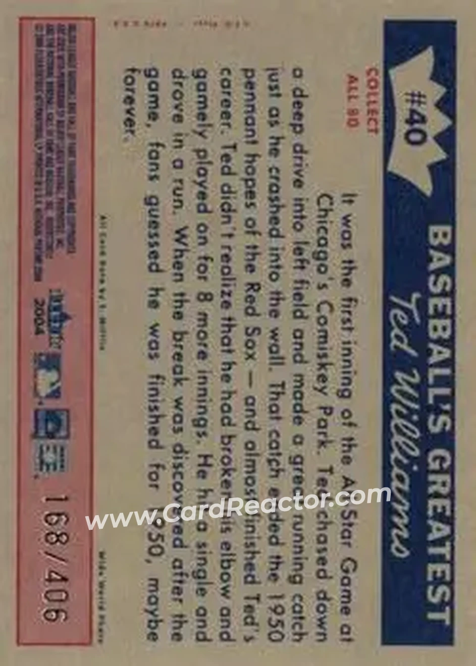 2004 Fleer National Pastime - 1959 Ted Williams Reprint #40 - Ted Williams - Boston Red Sox - Back
