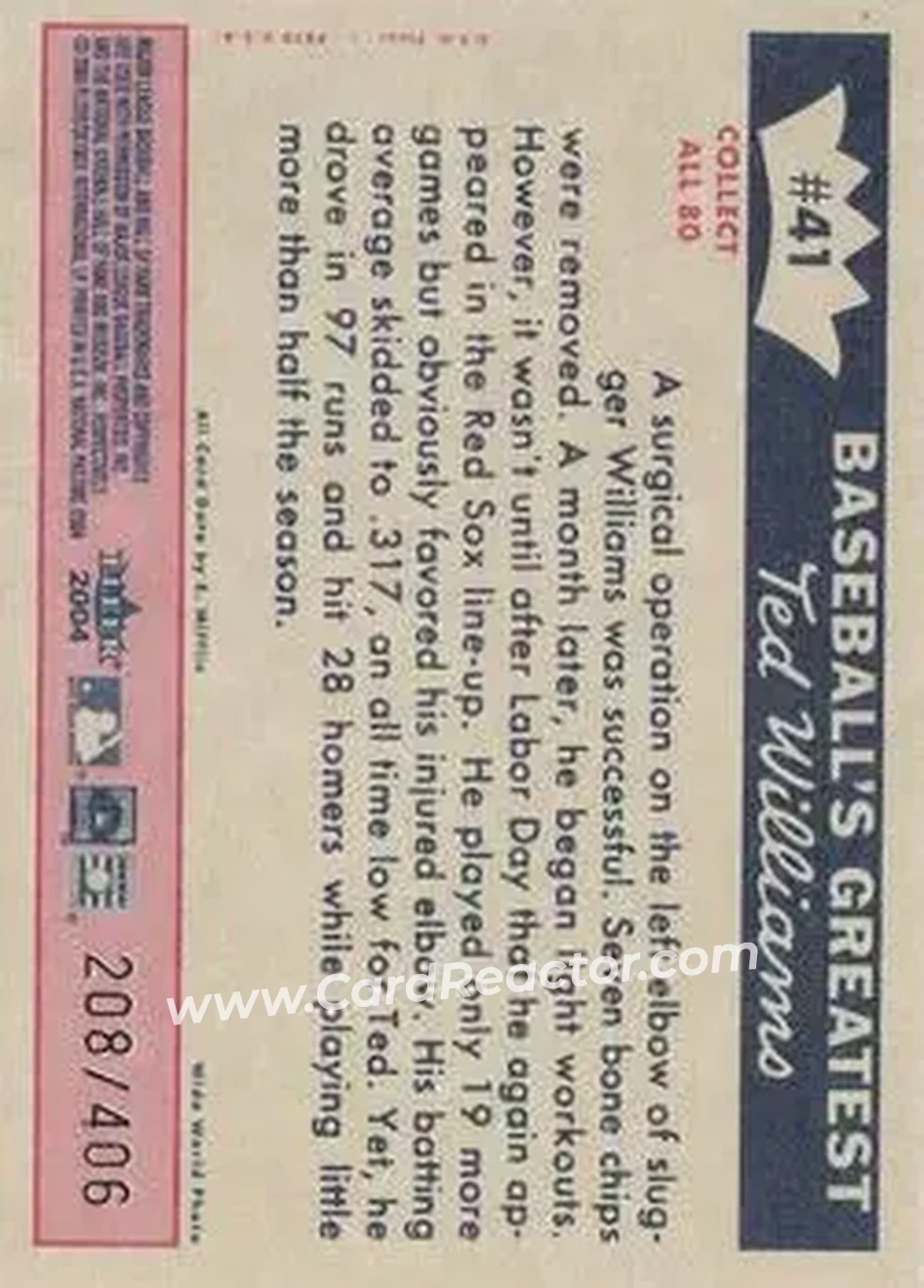2004 Fleer National Pastime - 1959 Ted Williams Reprint #41 - Ted Williams - Boston Red Sox - Back 2004 Fleer National Pastime - 1959 Ted Williams Reprint #41 - Ted Williams - Boston Red Sox - Back