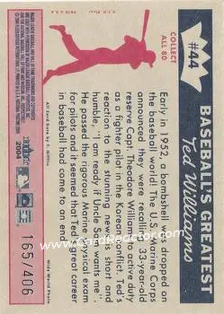 2004 Fleer National Pastime - 1959 Ted Williams Reprint #44 - Ted Williams - Boston Red Sox - Back