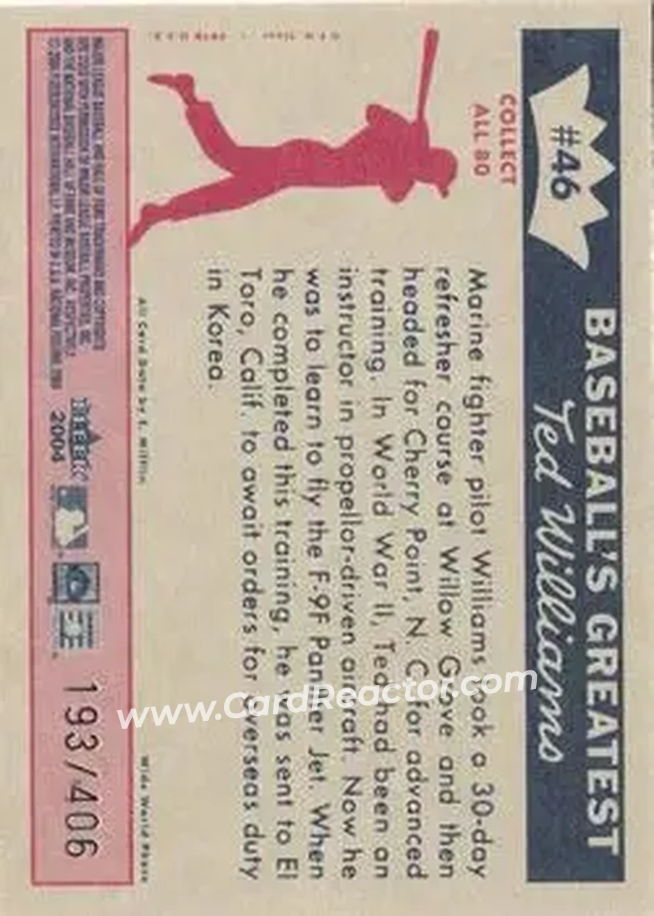 2004 Fleer National Pastime - 1959 Ted Williams Reprint #46 - Ted Williams - Boston Red Sox - Back 2004 Fleer National Pastime - 1959 Ted Williams Reprint #46 - Ted Williams - Boston Red Sox - Back