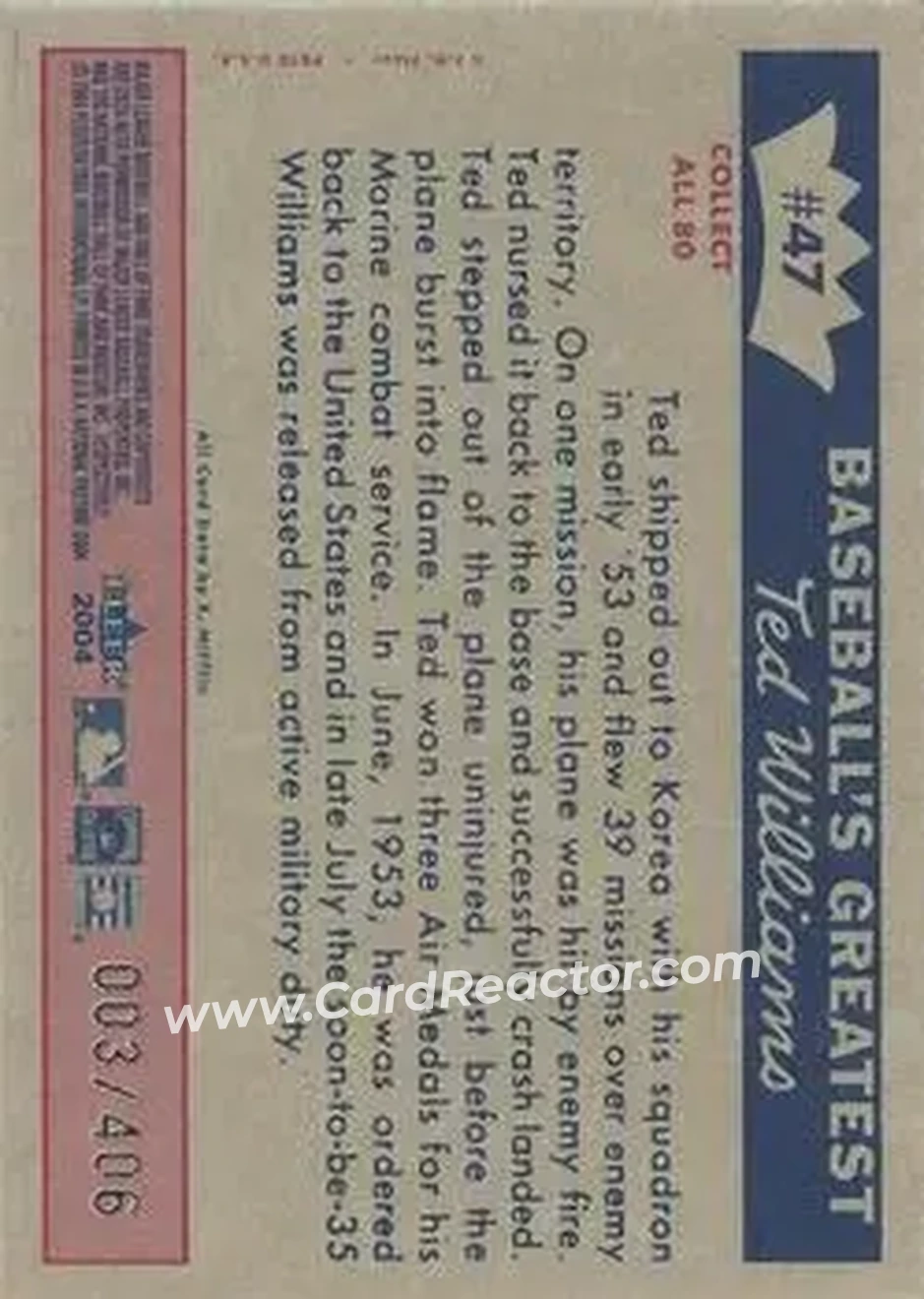 2004 Fleer National Pastime - 1959 Ted Williams Reprint #47 - Ted Williams - Boston Red Sox - Back