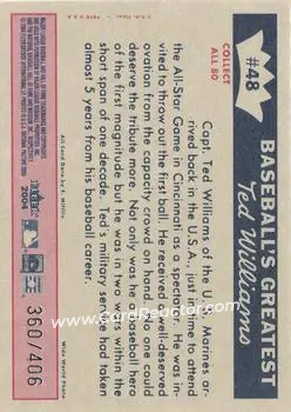 2004 Fleer National Pastime - 1959 Ted Williams Reprint #48 - Ted Williams - Boston Red Sox - Back