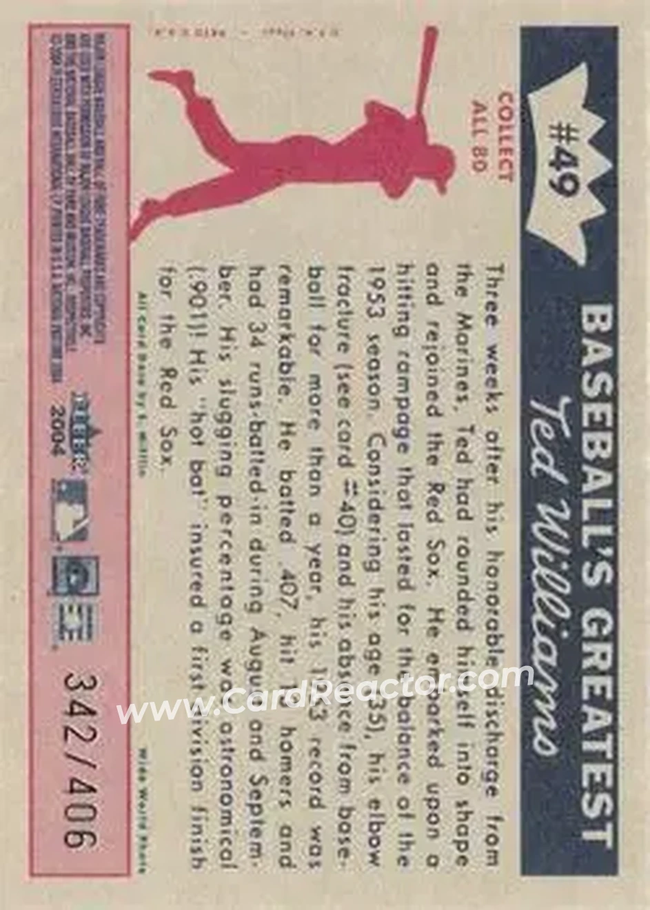 2004 Fleer National Pastime - 1959 Ted Williams Reprint #49 - Ted Williams - Boston Red Sox - Back