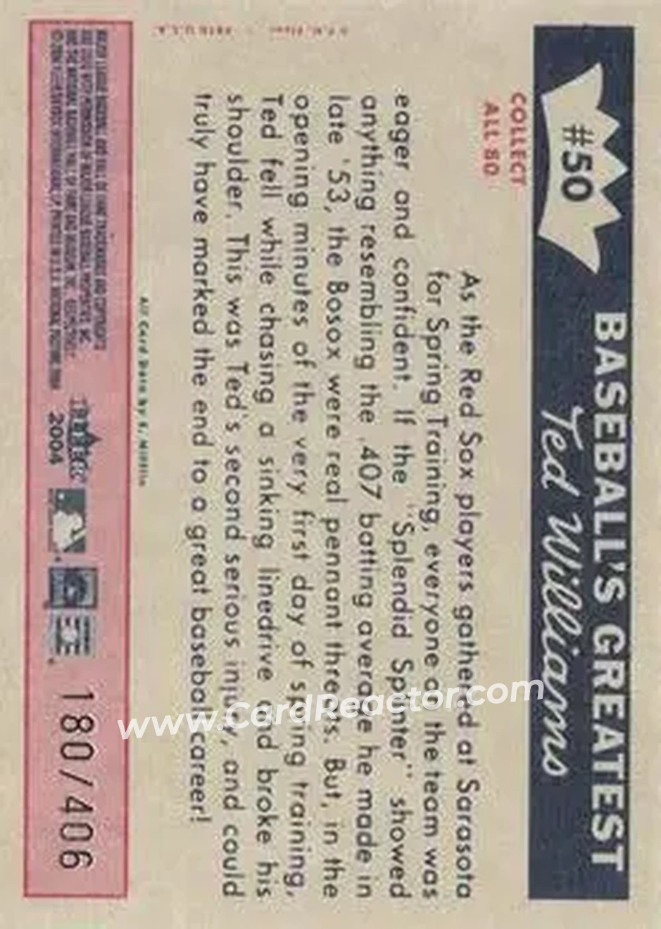 2004 Fleer National Pastime - 1959 Ted Williams Reprint #50 - Ted Williams - Boston Red Sox - Back