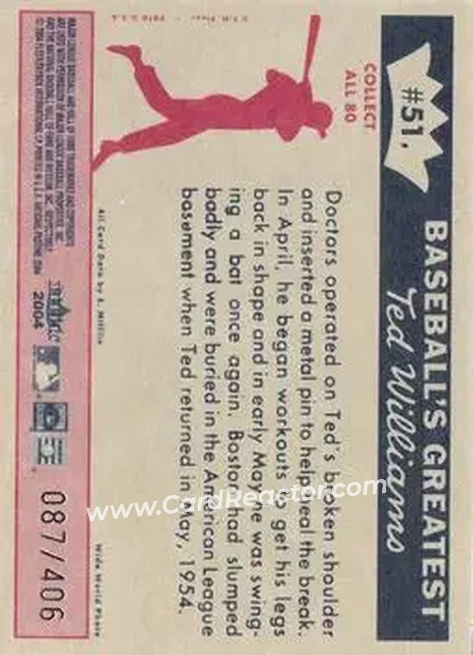 2004 Fleer National Pastime - 1959 Ted Williams Reprint #51 - Ted Williams - Boston Red Sox - Back