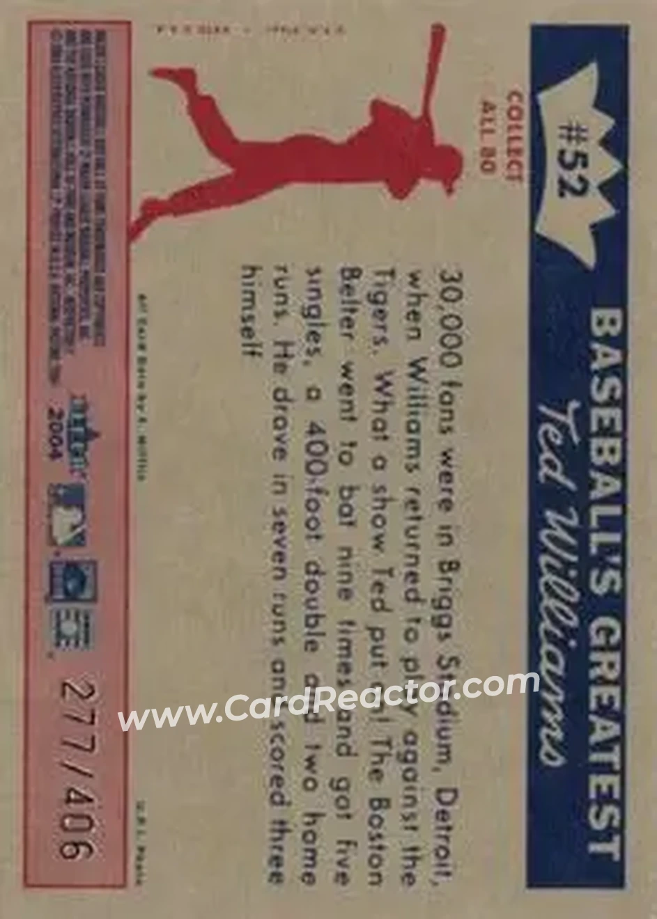 2004 Fleer National Pastime - 1959 Ted Williams Reprint #52 - Ted Williams - Boston Red Sox - Back
