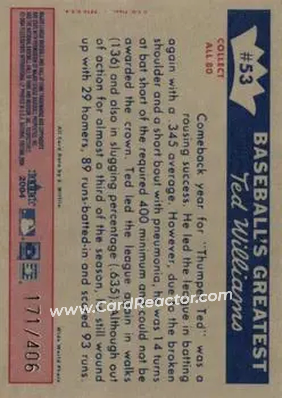2004 Fleer National Pastime - 1959 Ted Williams Reprint #53 - Ted Williams - Boston Red Sox - Back