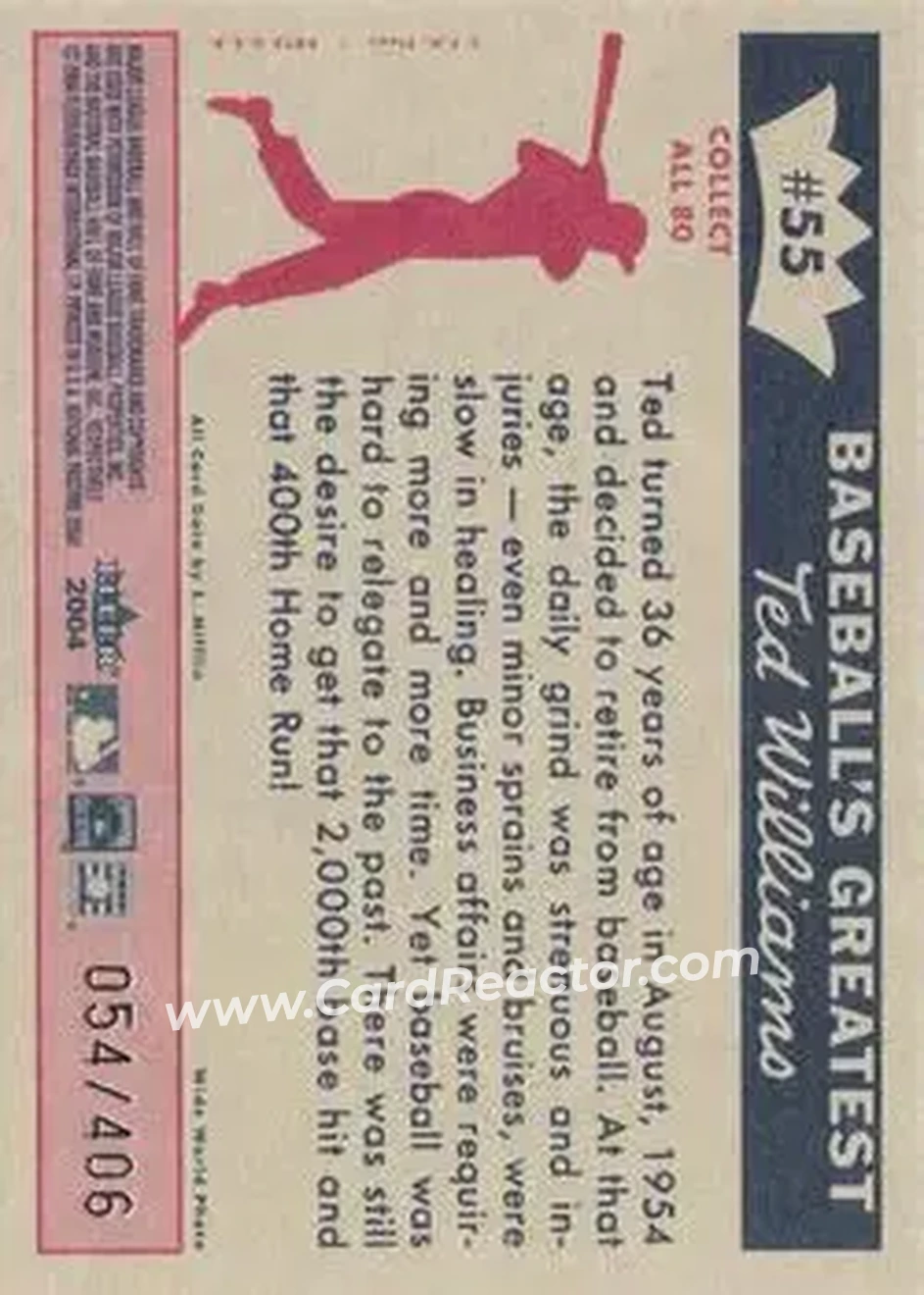 2004 Fleer National Pastime - 1959 Ted Williams Reprint #55 - Ted Williams - Boston Red Sox - Back