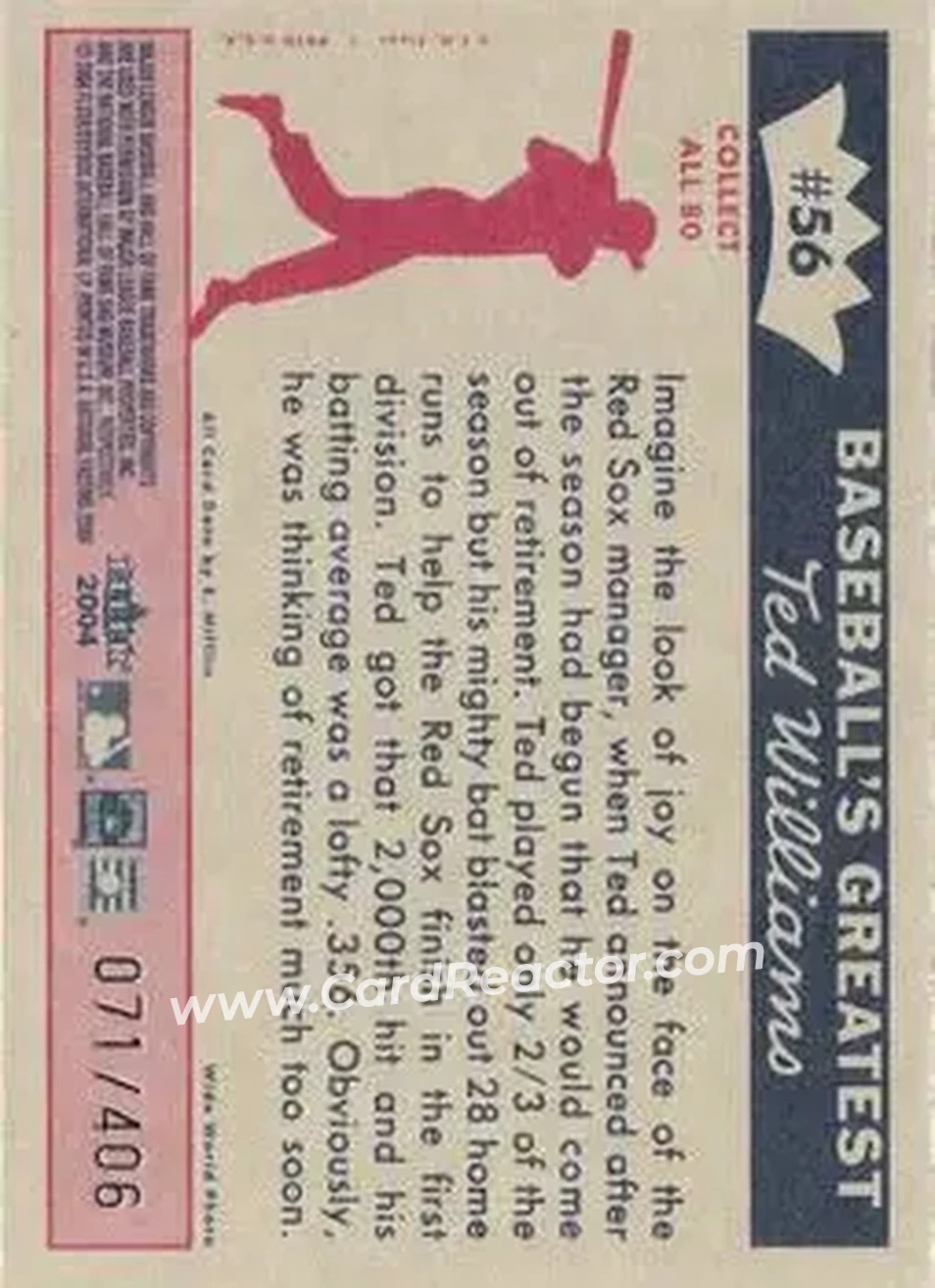 2004 Fleer National Pastime - 1959 Ted Williams Reprint #56 - Ted Williams - Boston Red Sox - Back