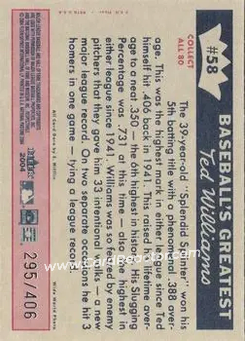2004 Fleer National Pastime - 1959 Ted Williams Reprint #58 - Ted Williams - Boston Red Sox - Back
