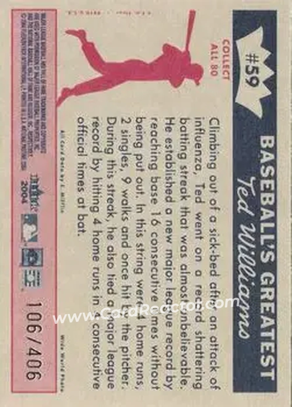 2004 Fleer National Pastime - 1959 Ted Williams Reprint #59 - Ted Williams - Boston Red Sox - Back