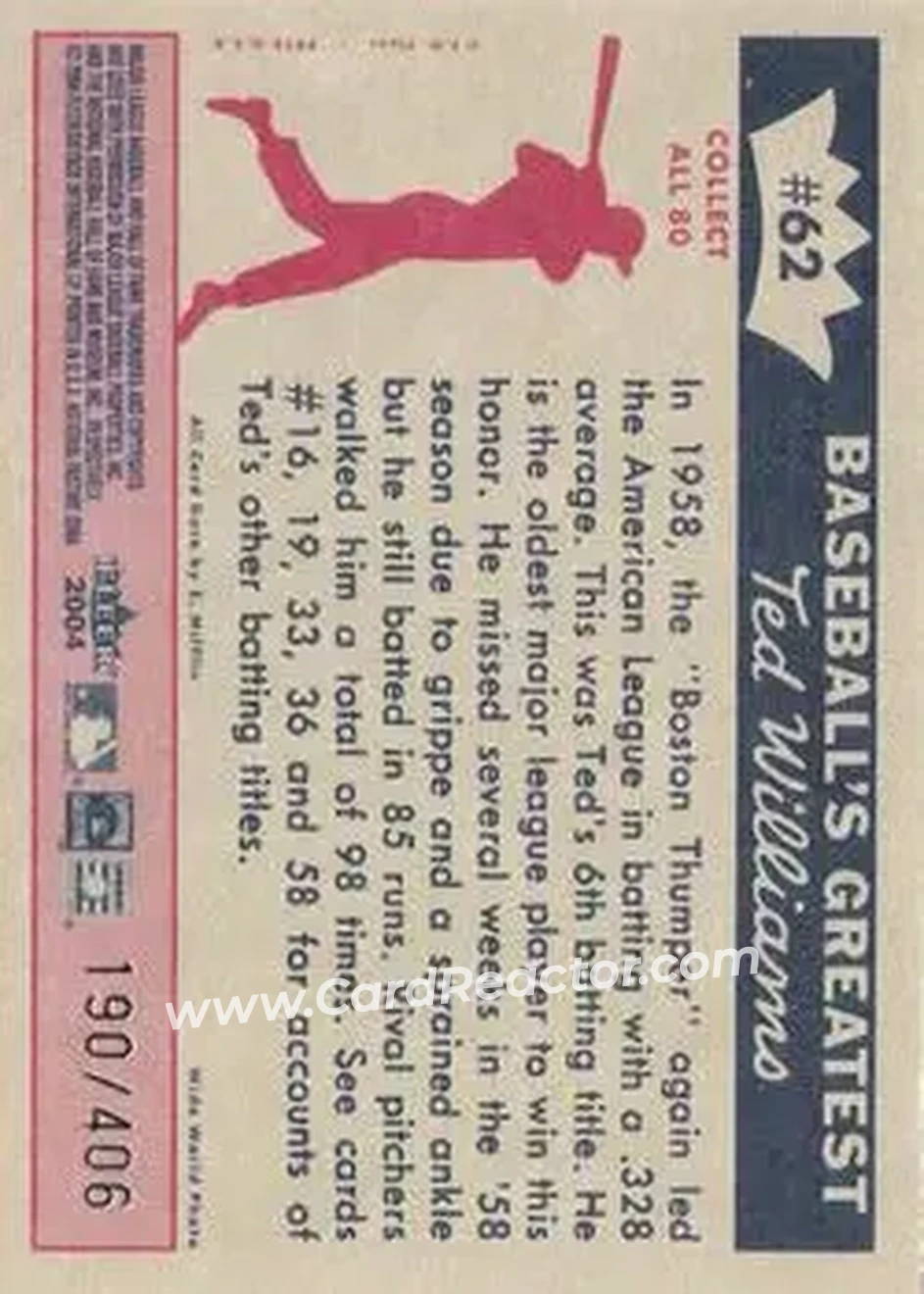 2004 Fleer National Pastime - 1959 Ted Williams Reprint #62 - Ted Williams - Boston Red Sox - Back 2004 Fleer National Pastime - 1959 Ted Williams Reprint #62 - Ted Williams - Boston Red Sox - Back