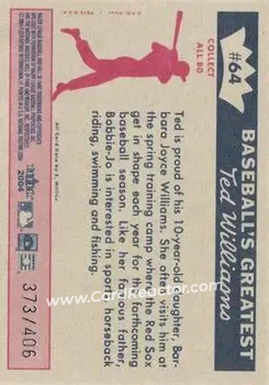 2004 Fleer National Pastime - 1959 Ted Williams Reprint #64 - Ted Williams - Boston Red Sox - Back