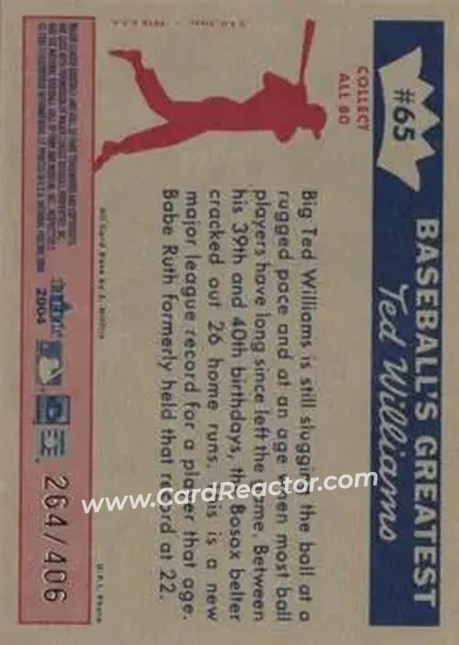 2004 Fleer National Pastime - 1959 Ted Williams Reprint #65 - Ted Williams - Boston Red Sox - Back