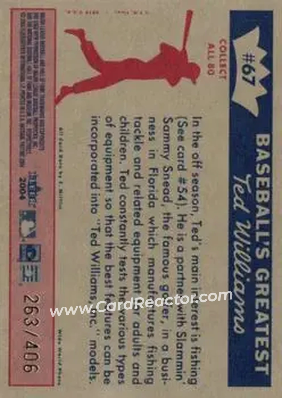 2004 Fleer National Pastime - 1959 Ted Williams Reprint #67 - Ted Williams - Boston Red Sox - Back