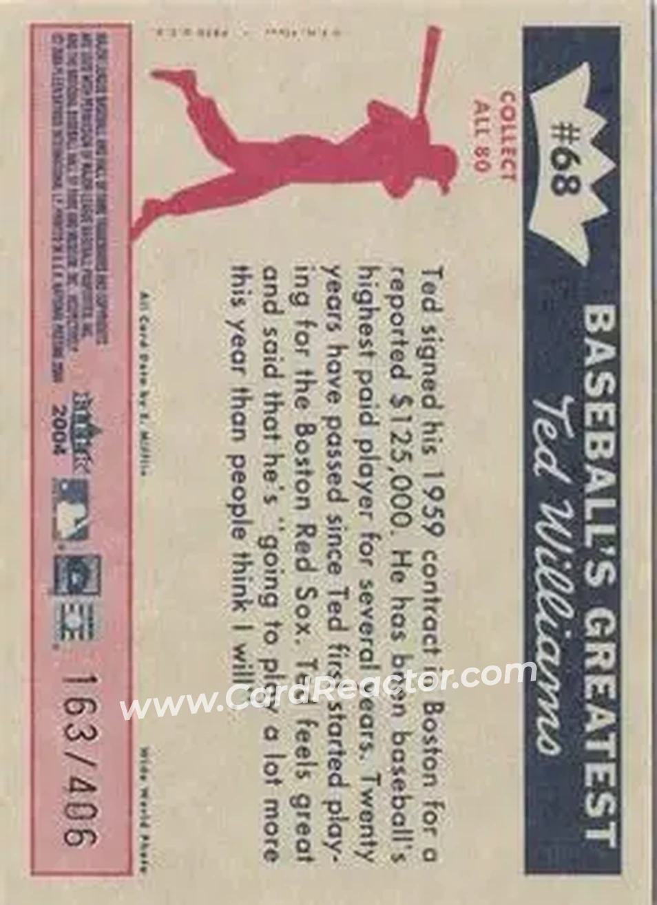 2004 Fleer National Pastime - 1959 Ted Williams Reprint #68 - Ted Williams - Boston Red Sox - Back