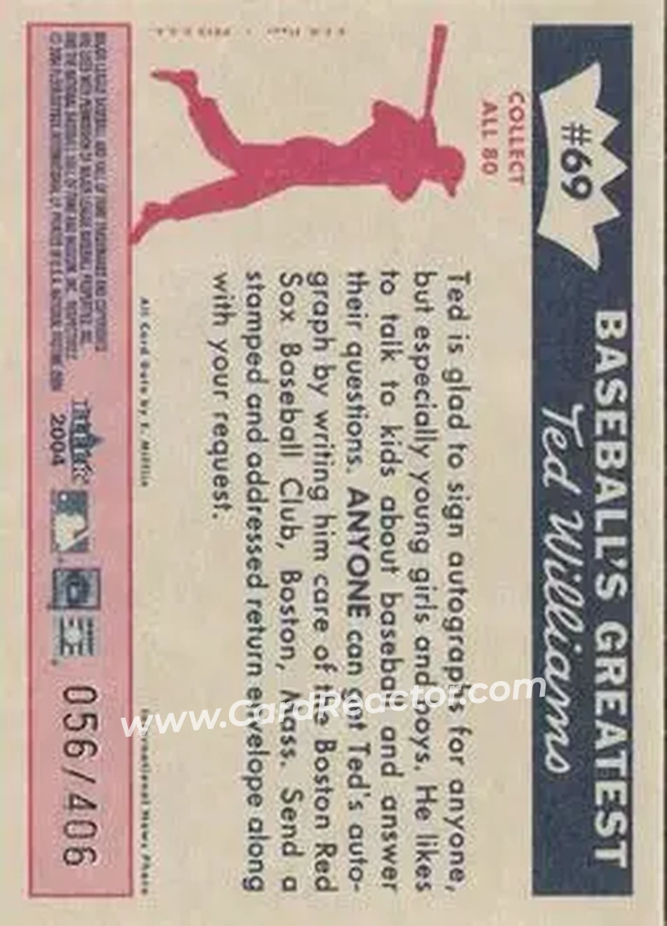 2004 Fleer National Pastime - 1959 Ted Williams Reprint #69 - Ted Williams - Boston Red Sox - Back 2004 Fleer National Pastime - 1959 Ted Williams Reprint #69 - Ted Williams - Boston Red Sox - Back