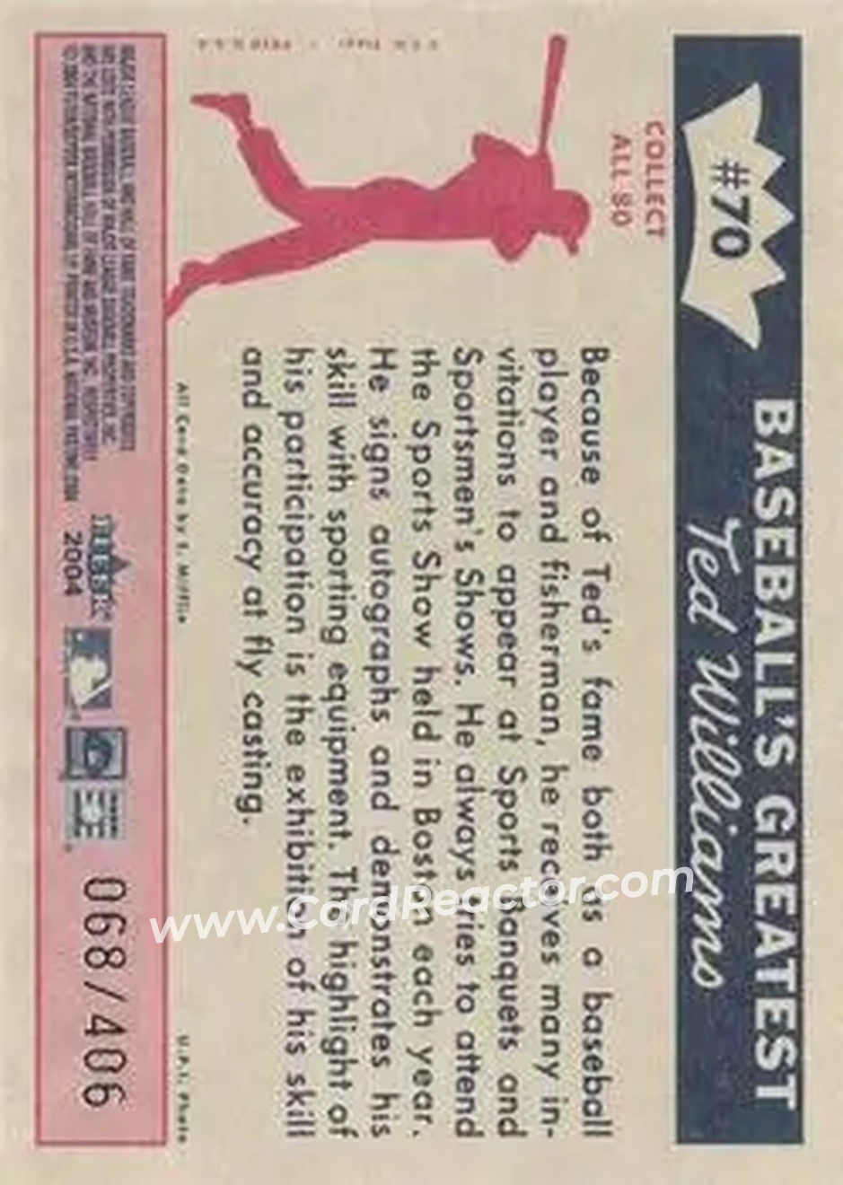 2004 Fleer National Pastime - 1959 Ted Williams Reprint #70 - Ted Williams - Boston Red Sox - Back