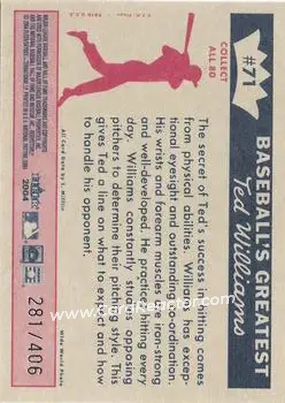 2004 Fleer National Pastime - 1959 Ted Williams Reprint #71 - Ted Williams - Boston Red Sox - Back