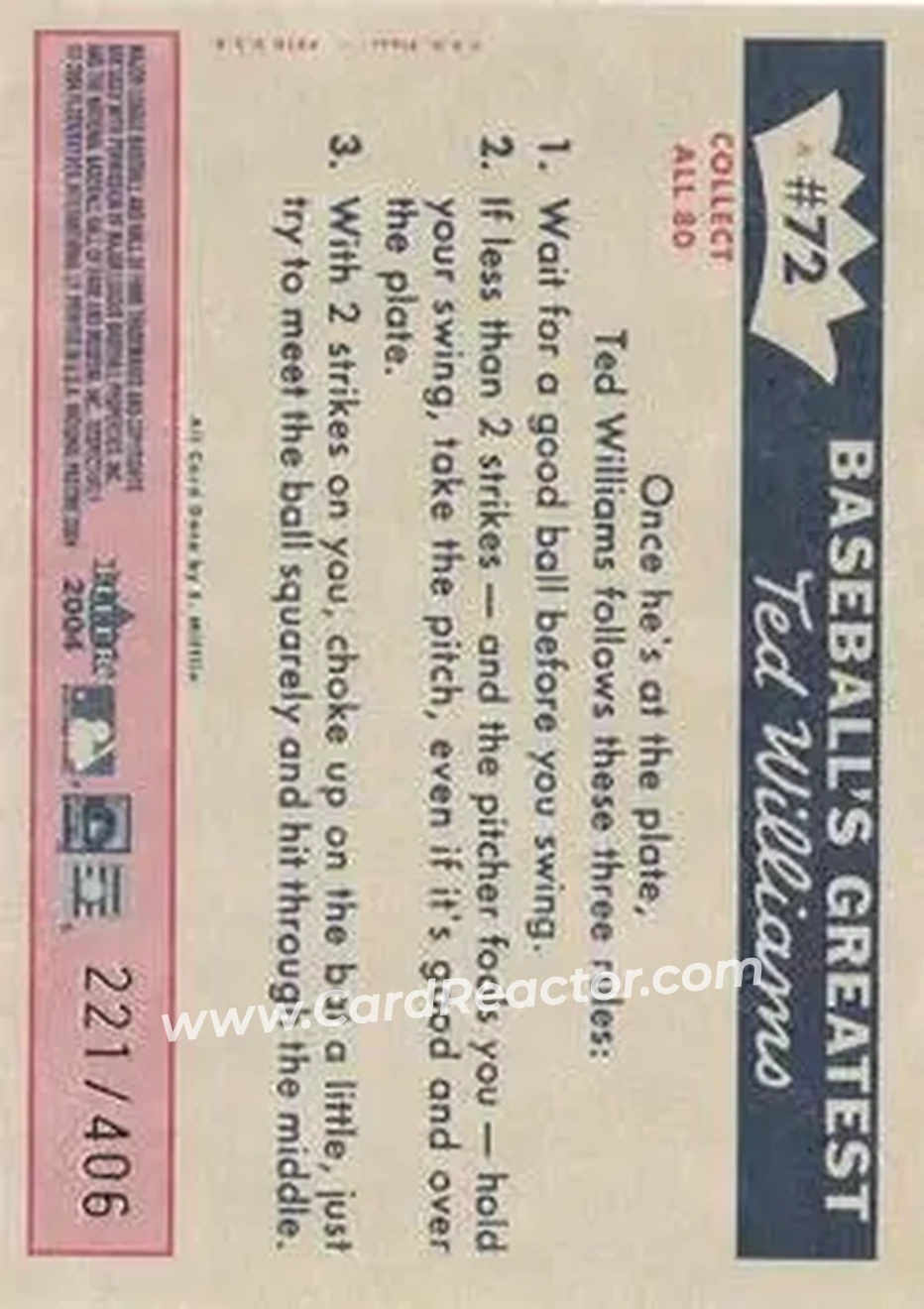 2004 Fleer National Pastime - 1959 Ted Williams Reprint #72 - Ted Williams - Boston Red Sox - Back