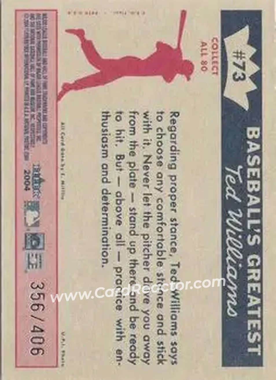 2004 Fleer National Pastime - 1959 Ted Williams Reprint #73 - Ted Williams - Boston Red Sox - Back