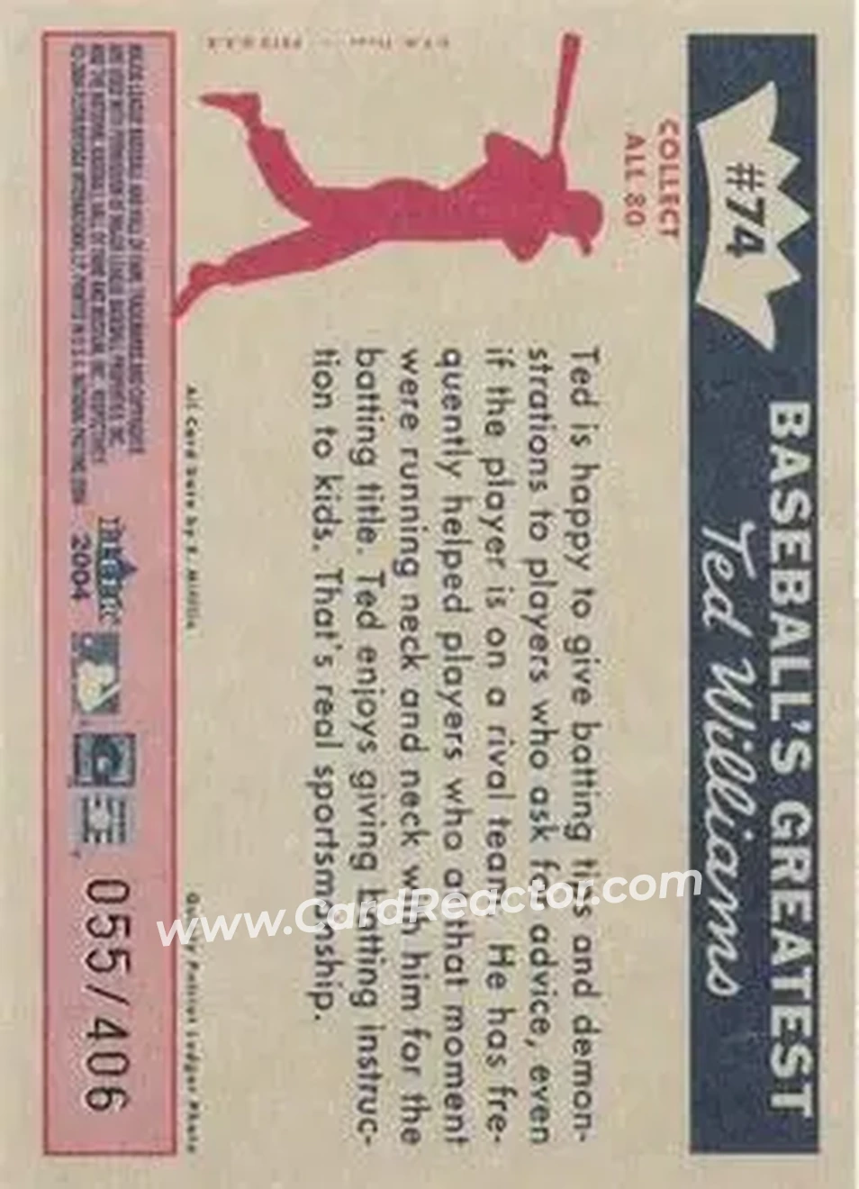 2004 Fleer National Pastime - 1959 Ted Williams Reprint #74 - Ted Williams - Boston Red Sox - Back