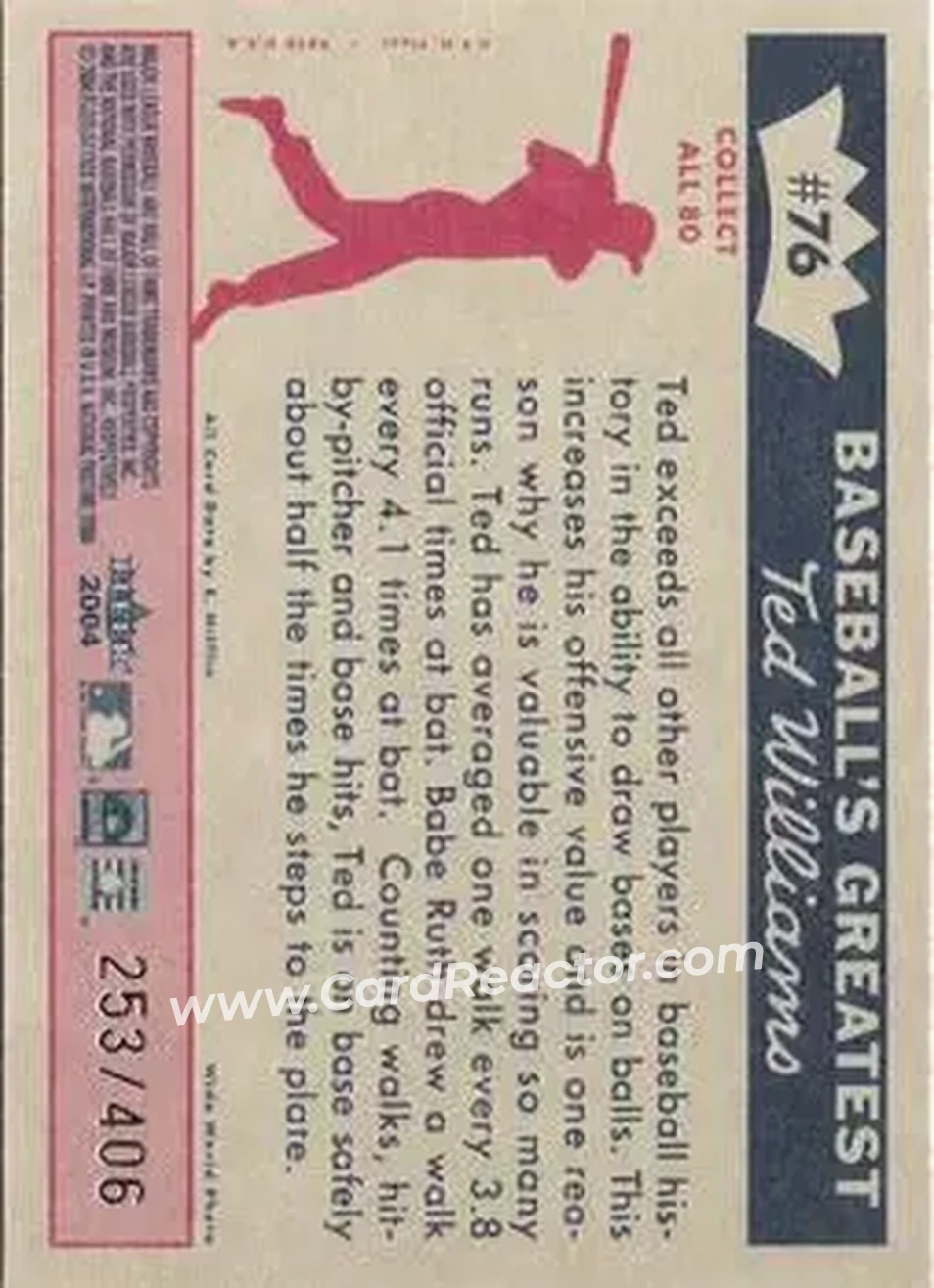 2004 Fleer National Pastime - 1959 Ted Williams Reprint #76 - Ted Williams - Boston Red Sox - Back