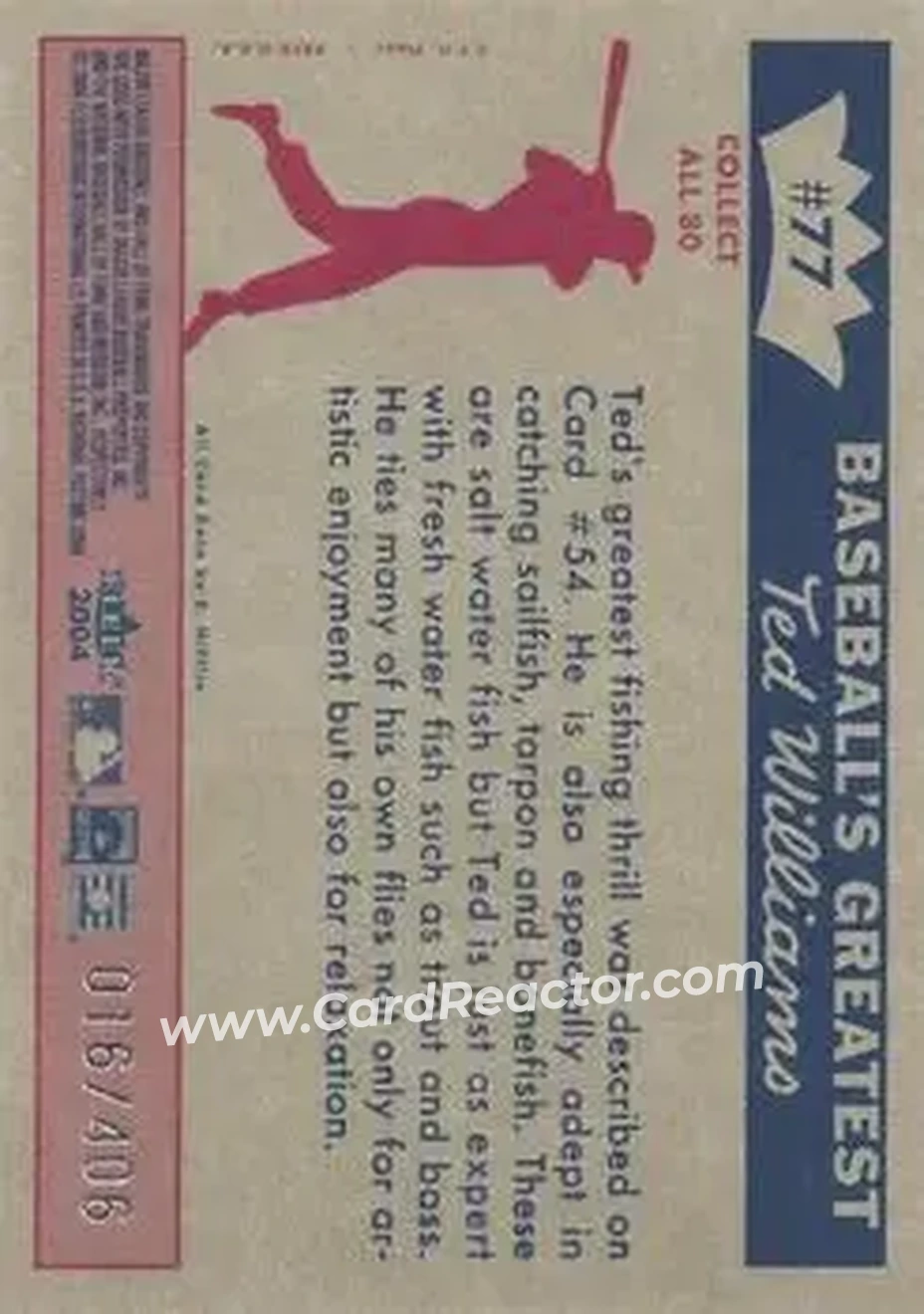 2004 Fleer National Pastime - 1959 Ted Williams Reprint #77 - Ted Williams - Boston Red Sox - Back