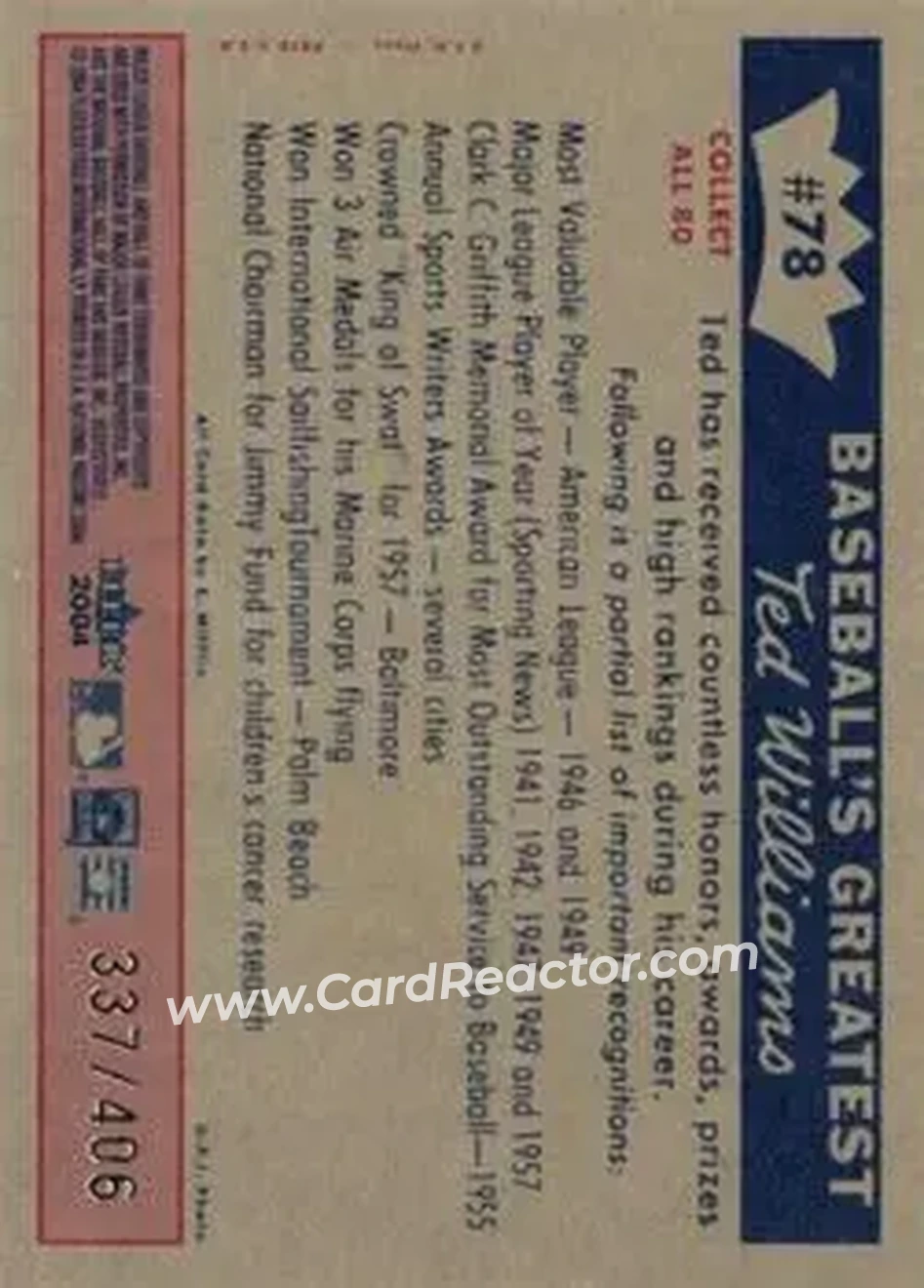 2004 Fleer National Pastime - 1959 Ted Williams Reprint #78 - Ted Williams - Boston Red Sox - Back