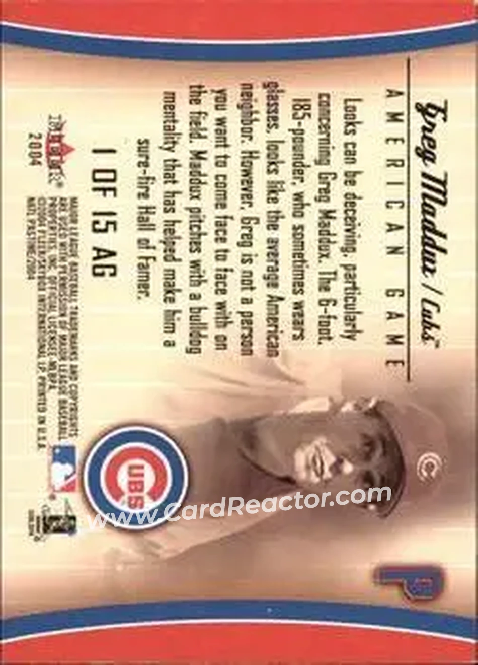 2004 Fleer National Pastime - American Game #1 AG - Greg Maddux - Chicago Cubs - Back 2004 Fleer National Pastime - American Game #1 AG - Greg Maddux - Chicago Cubs - Back