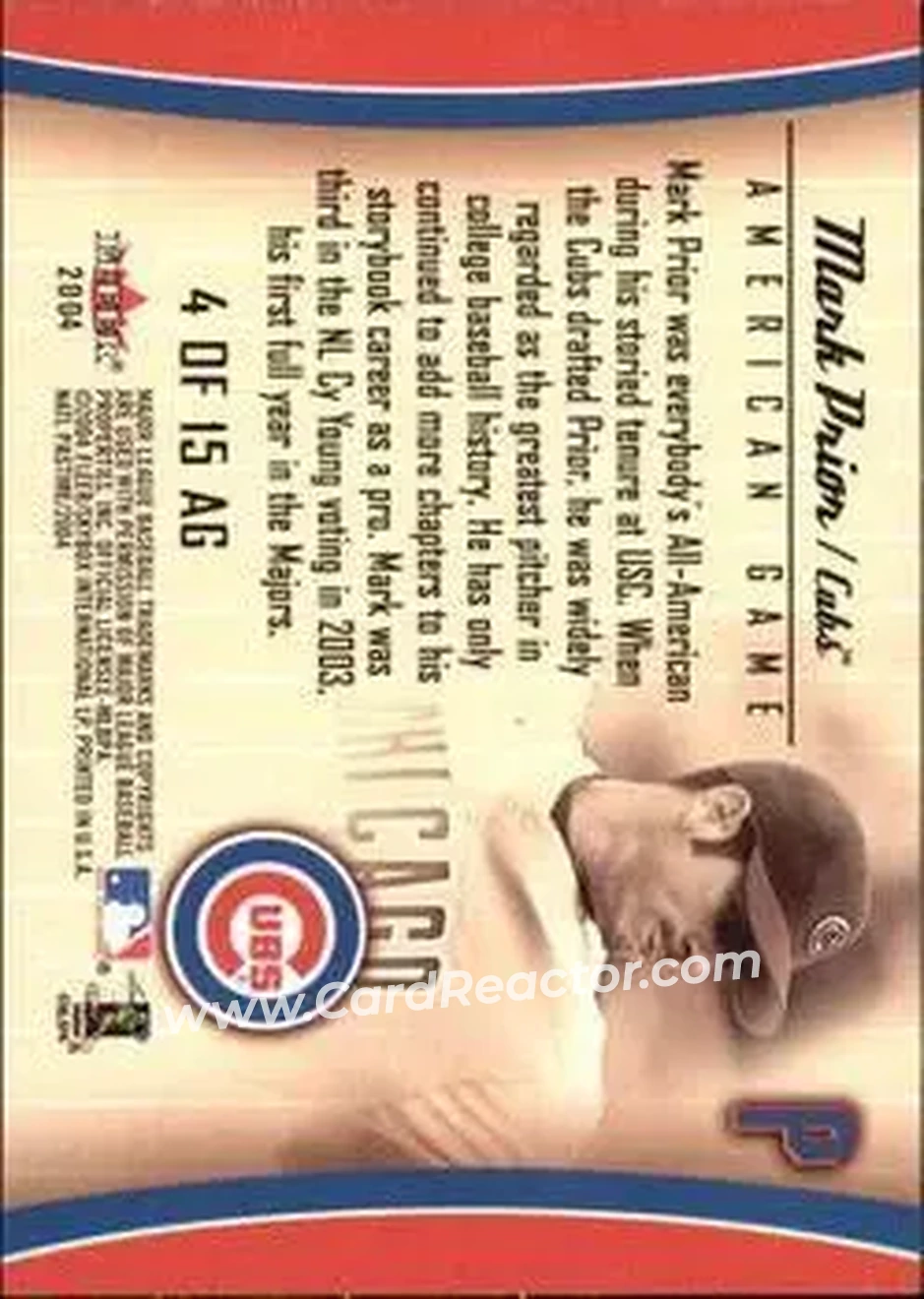 2004 Fleer National Pastime - American Game #4 AG - Mark Prior - Chicago Cubs - Back