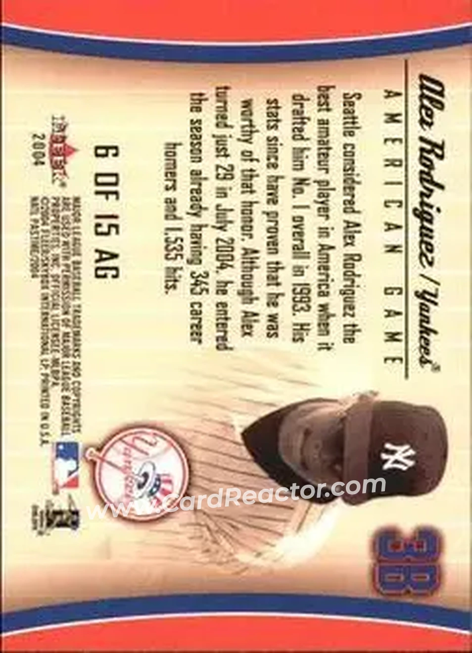 2004 Fleer National Pastime - American Game #6 AG - Alex Rodriguez - New York Yankees - Back